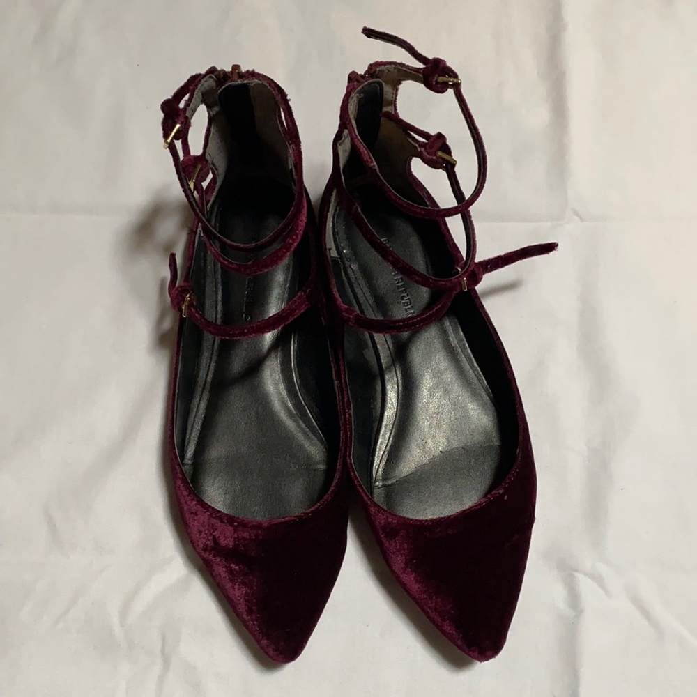 Women’s flat burgundy velvet ankle strap shoes